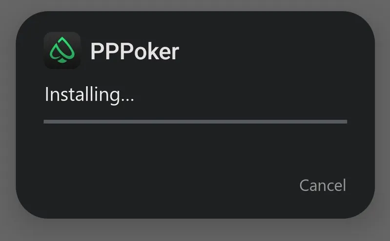 Android dialog while the PPPoker build is installing, with a progress bar and a Cancel button — Install on an Android phone