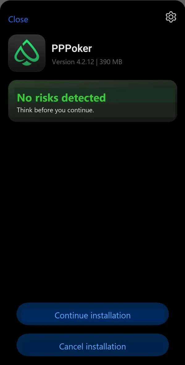 Android install screen for the PPPoker build offered by the assistant: version 4.2.12, 390 MB, no risks detected, Continue installation โ Where support answers