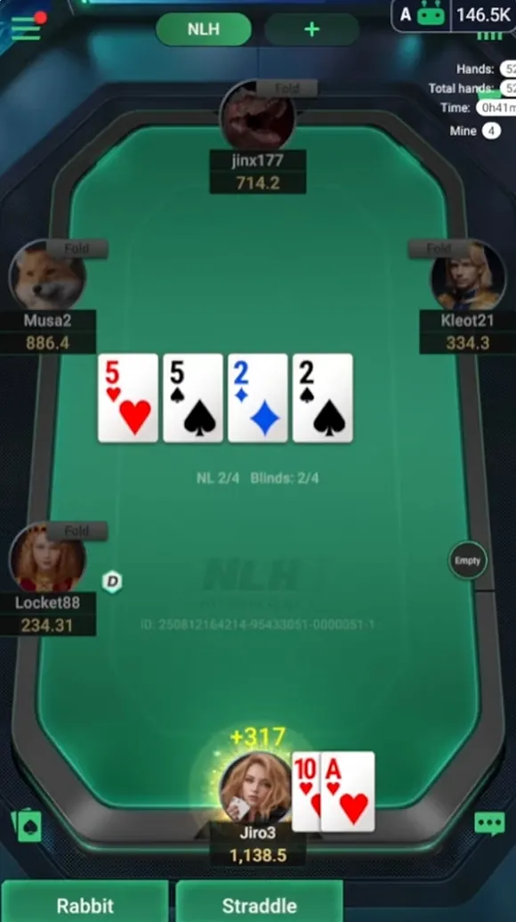 NLH table with the assistant icon, hand counters and a won pot of 317 chips — PPPoker Cheating and Hacks: What Is Real and What Gets You Banned