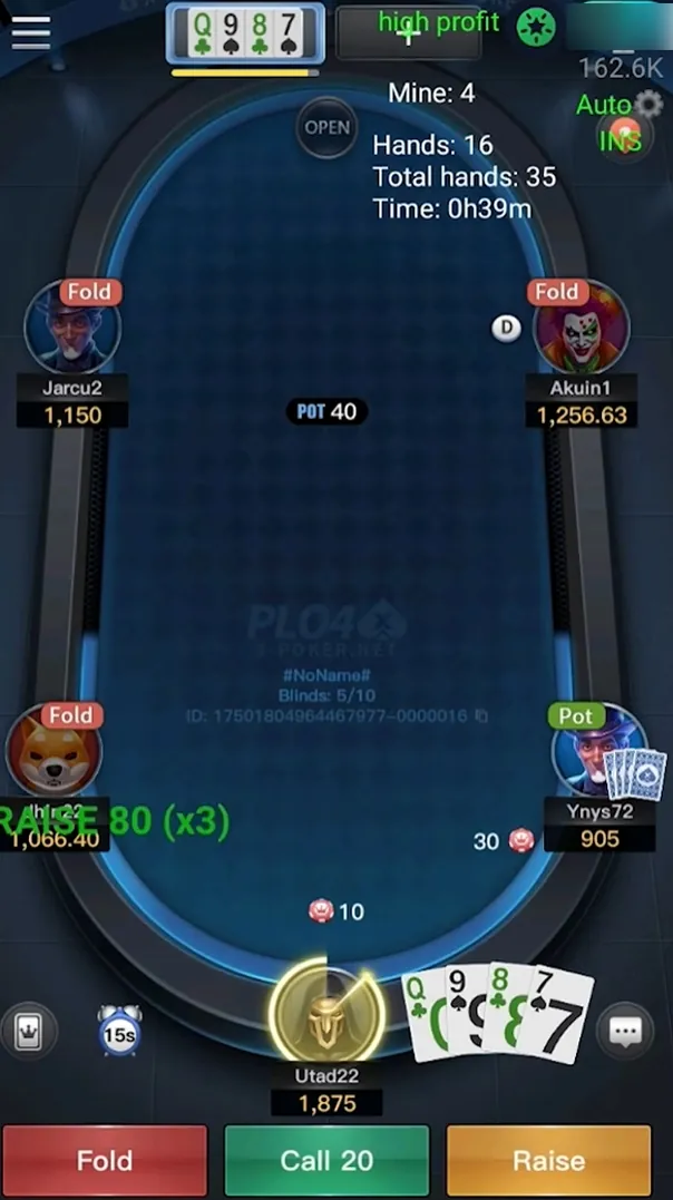 PLO4 table with the assistant's prompt: raise 80 (three times the bet) with 15 seconds on the clock and the table rated high profit โ PPPoker AI Software Support: How to Reach Us